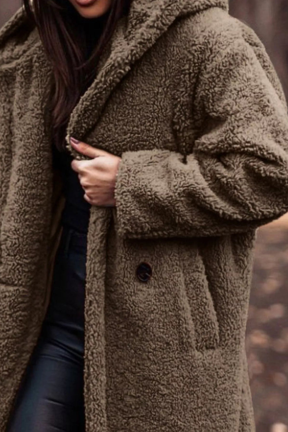 coat, longline, lined, hooded, buttoned, pocketed, thick, oversized, slightly stretchy, close up view