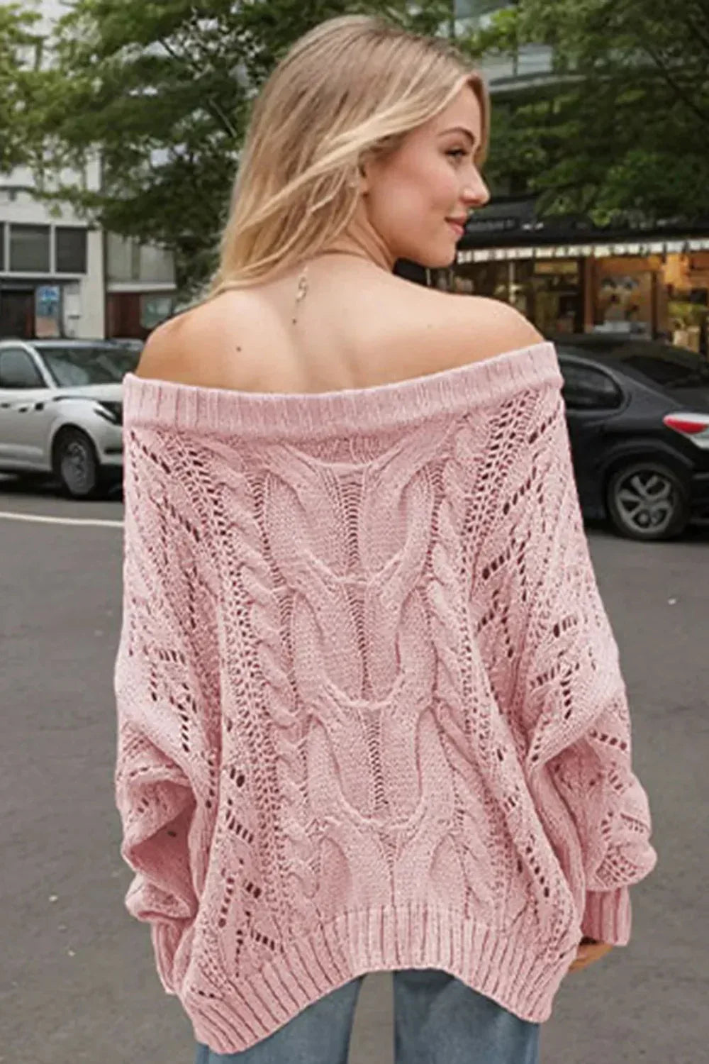 Sweater, pullover, long sleeve, off-shoulder, drop sleeve, cable knit, openwork, oversized, stretchy, back view
