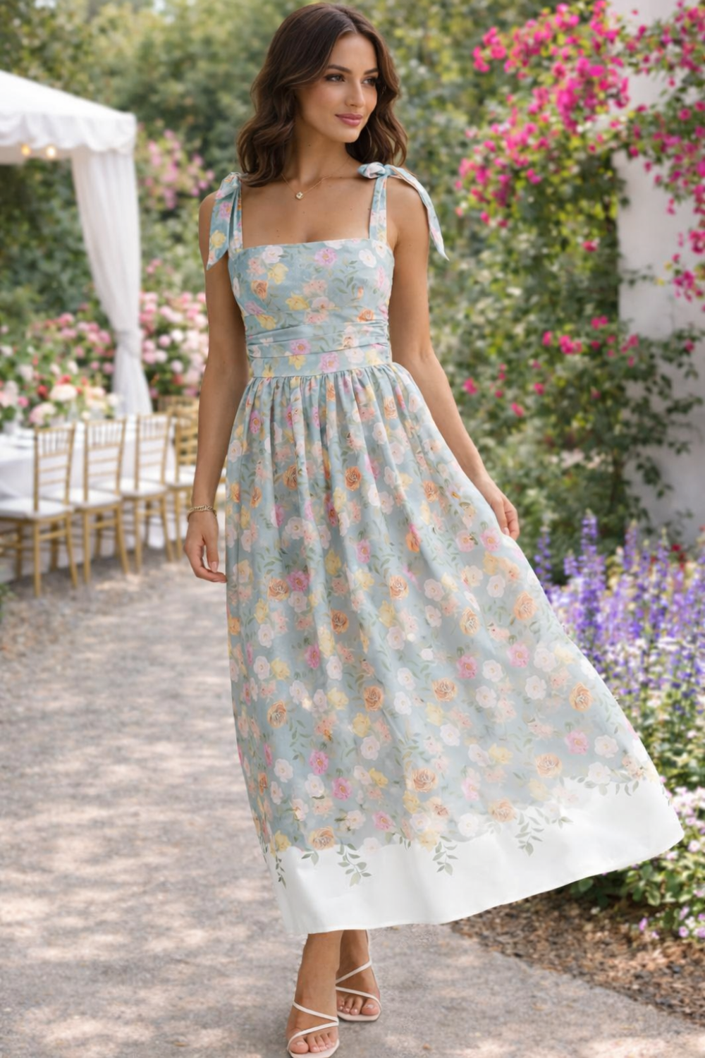 * Midi dress
* Square neck
* Tied straps
* Ruched
* Pleated
* Unlined
* Back zipper
* No stretch