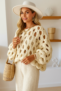 Sweater, creme color, long sleeve, round neck, bulky, oversized, hollow out, stretchy, side view