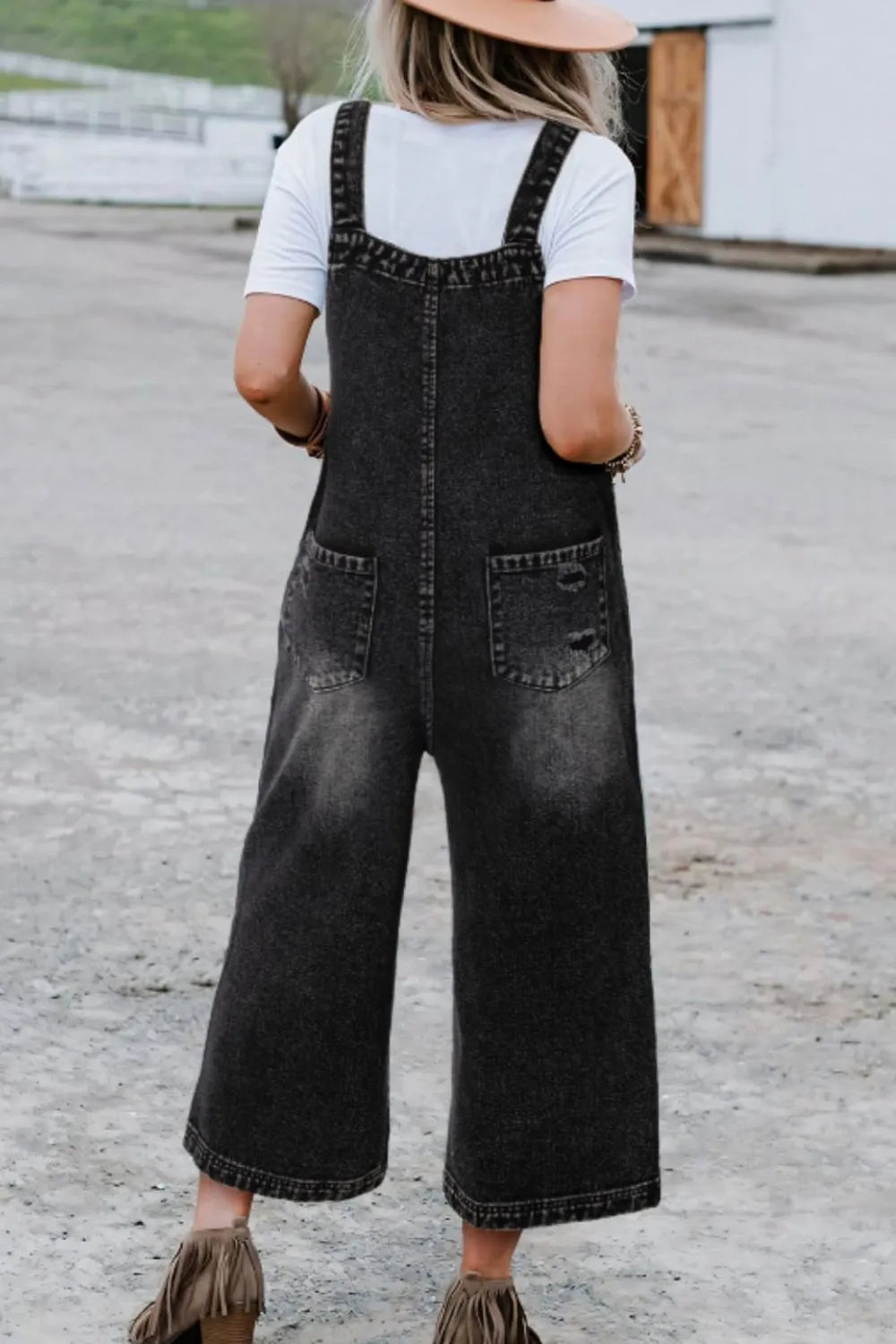 Overalls, Denim, Wide Strap, Distressed, Side Button Closure, Button Straps, Cropped, Pocketed, Bibbed, Slightly Stretchy Back View