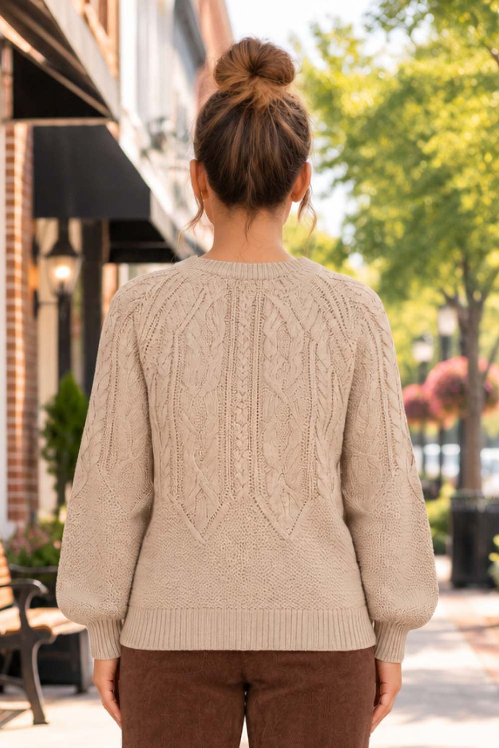 * Sweater
* Round neck
* Long sleeve
* Ribbed
* Cable-knit
* Slightly stretchy