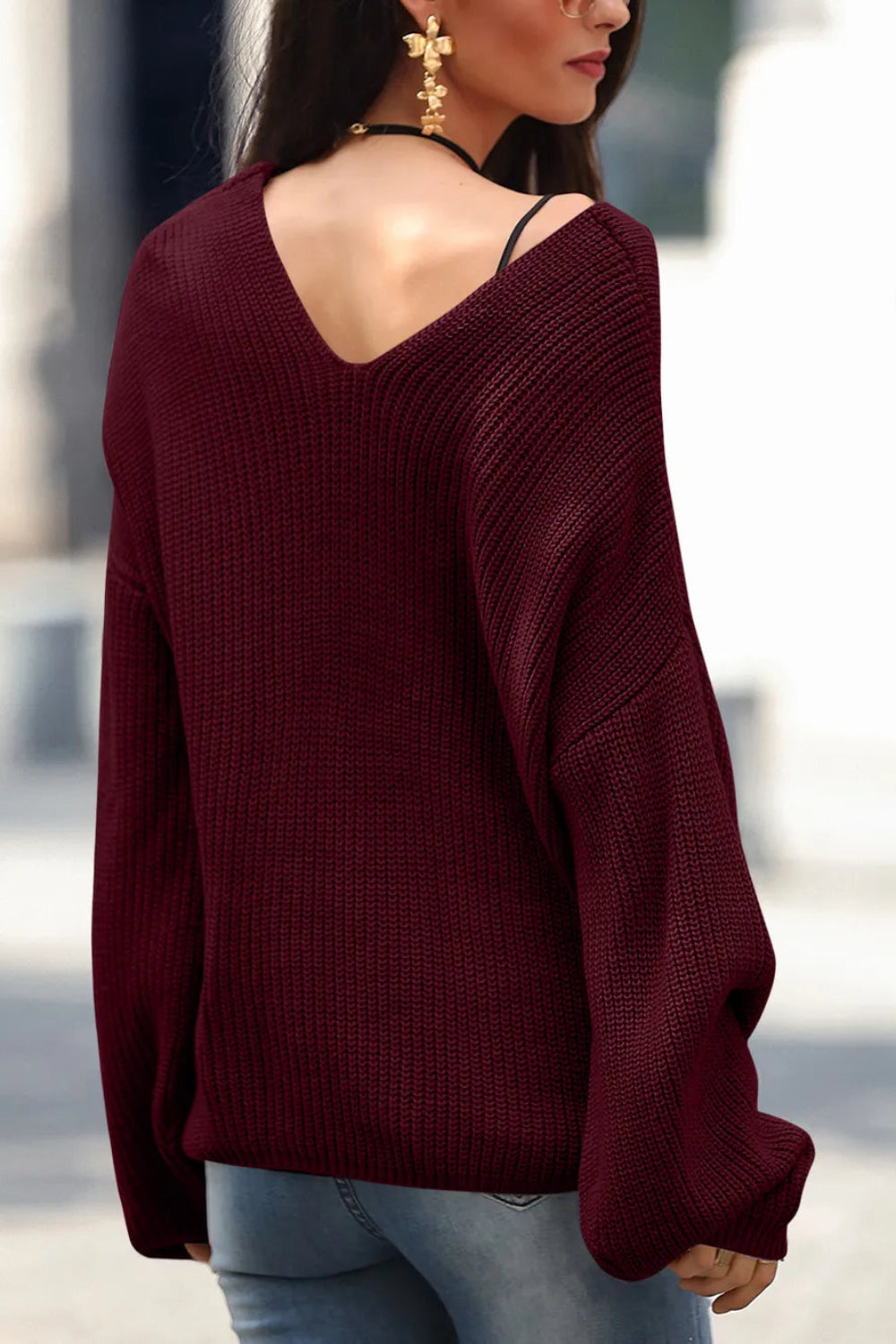 sweater, pullover, long sleeve, drop shoulder, v-neck, ribbed, knit, front lace detail, oversized, slightly stretchy, back view