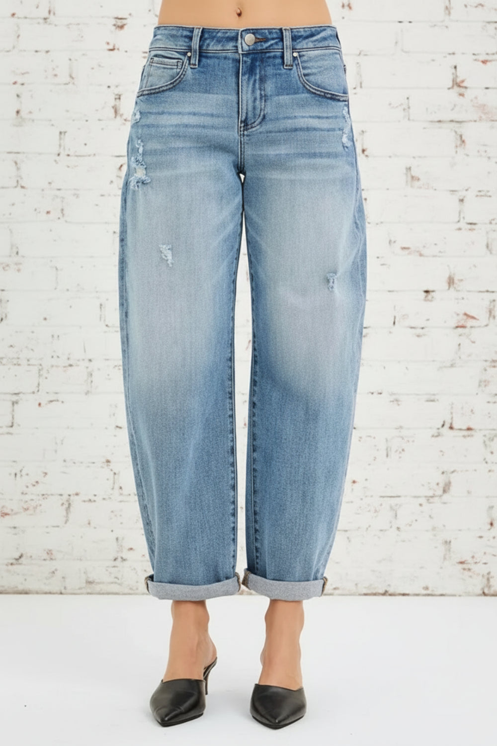 Risen Jeans, full-size, mid-rise, slouchy, ankle length, barrel, cuffed, distressed, belt loops, pocketed, button/zipper closure, medium wash, slightly stretchy, front view