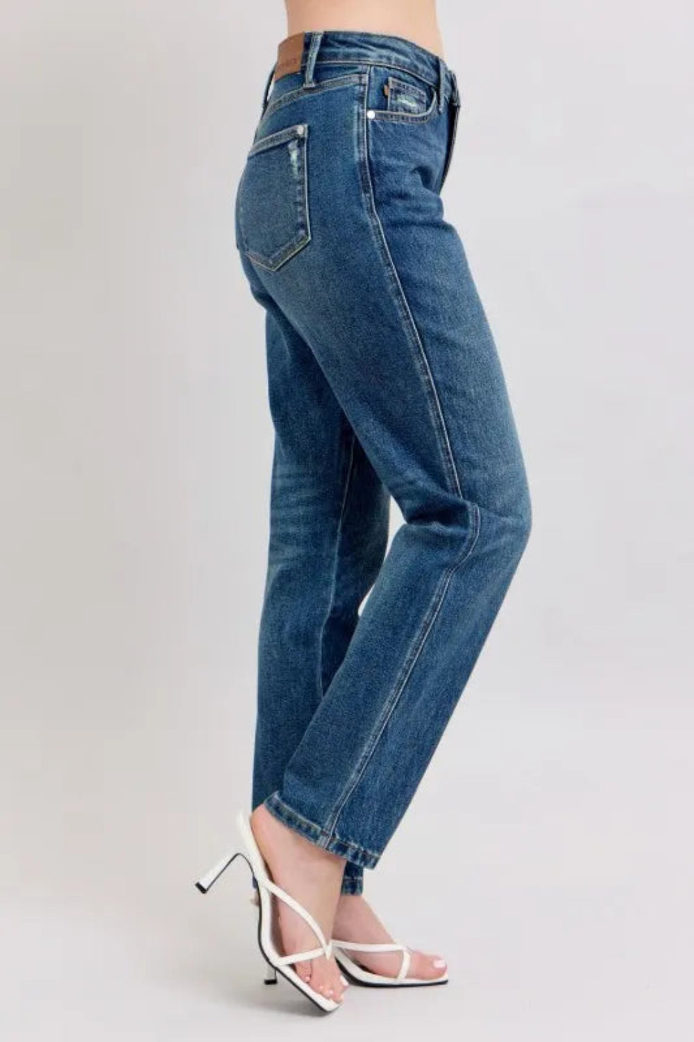 Judy Blue Jeans, full-size, high-rise, medium wash, cropped ankle, straight leg, pocketed, button and zipper closure, slightly stretchy, side view