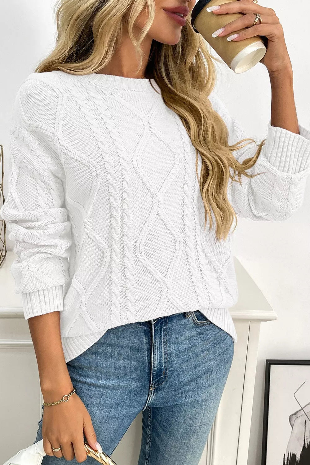 sweater, long sleeve, round neck, ribbed cuff and neck, drop shoulder, cable-knit, soft, stretchy, front view