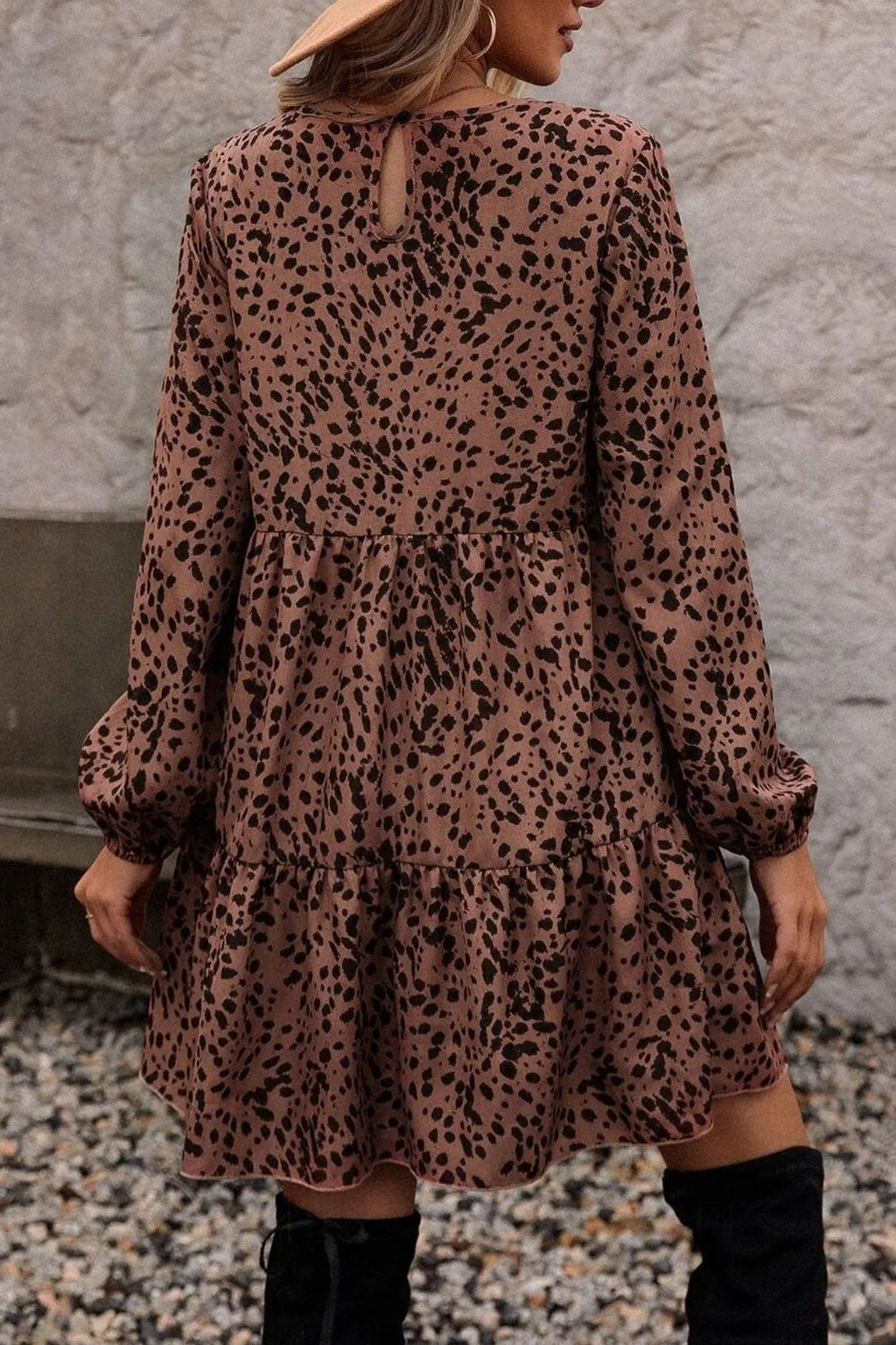 Mini dress, leopard print, long sleeve, ruffled, ruched, keyhole closure, unlined, no stretch, back view
