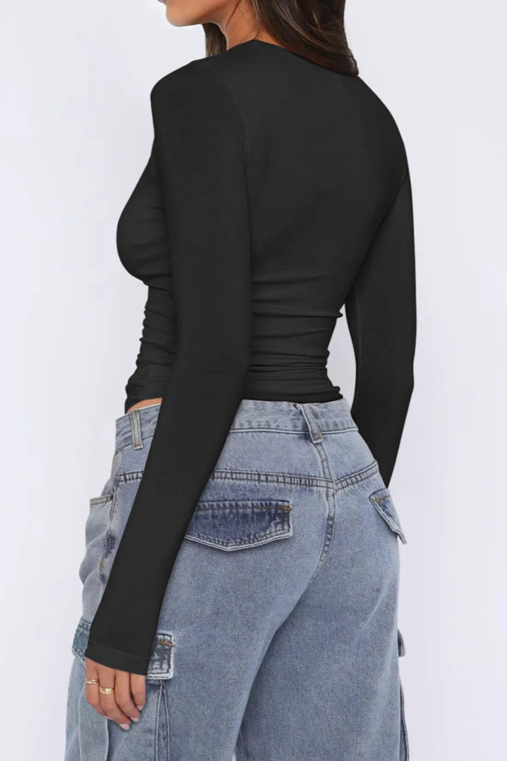 Top, asymmetrical neck, long sleeve, ruched, opaque, slightly stretchy, fitted, back view
