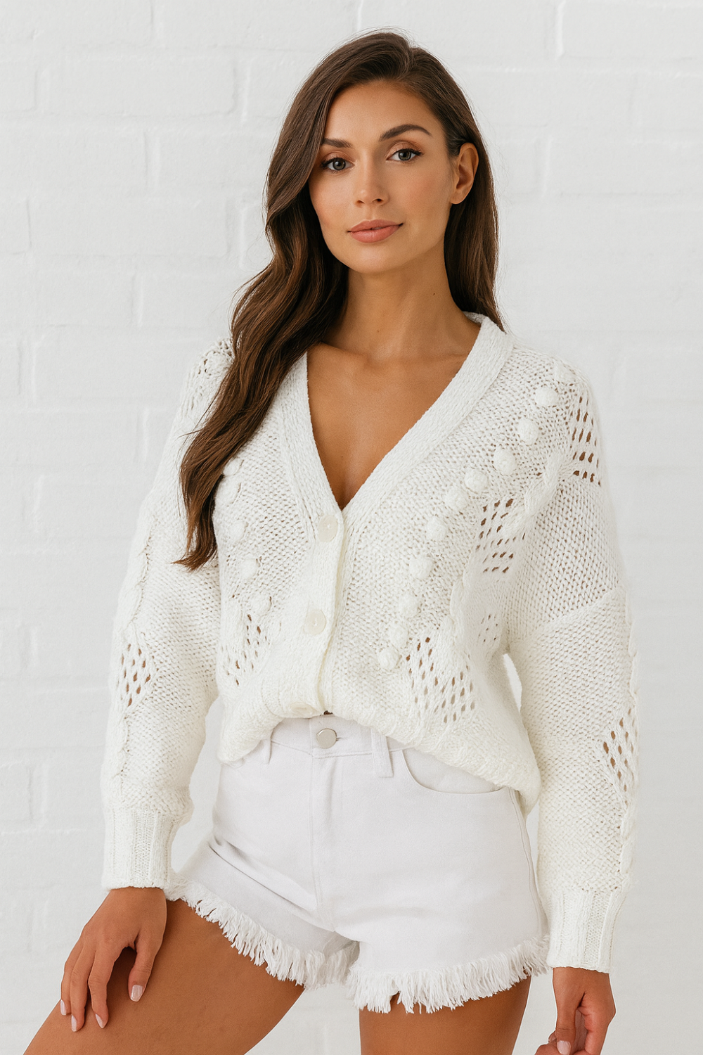 Cardigan, long sleeve, drop shoulder, openwork, cable knit, v-neck, buttoned, no stretch front view