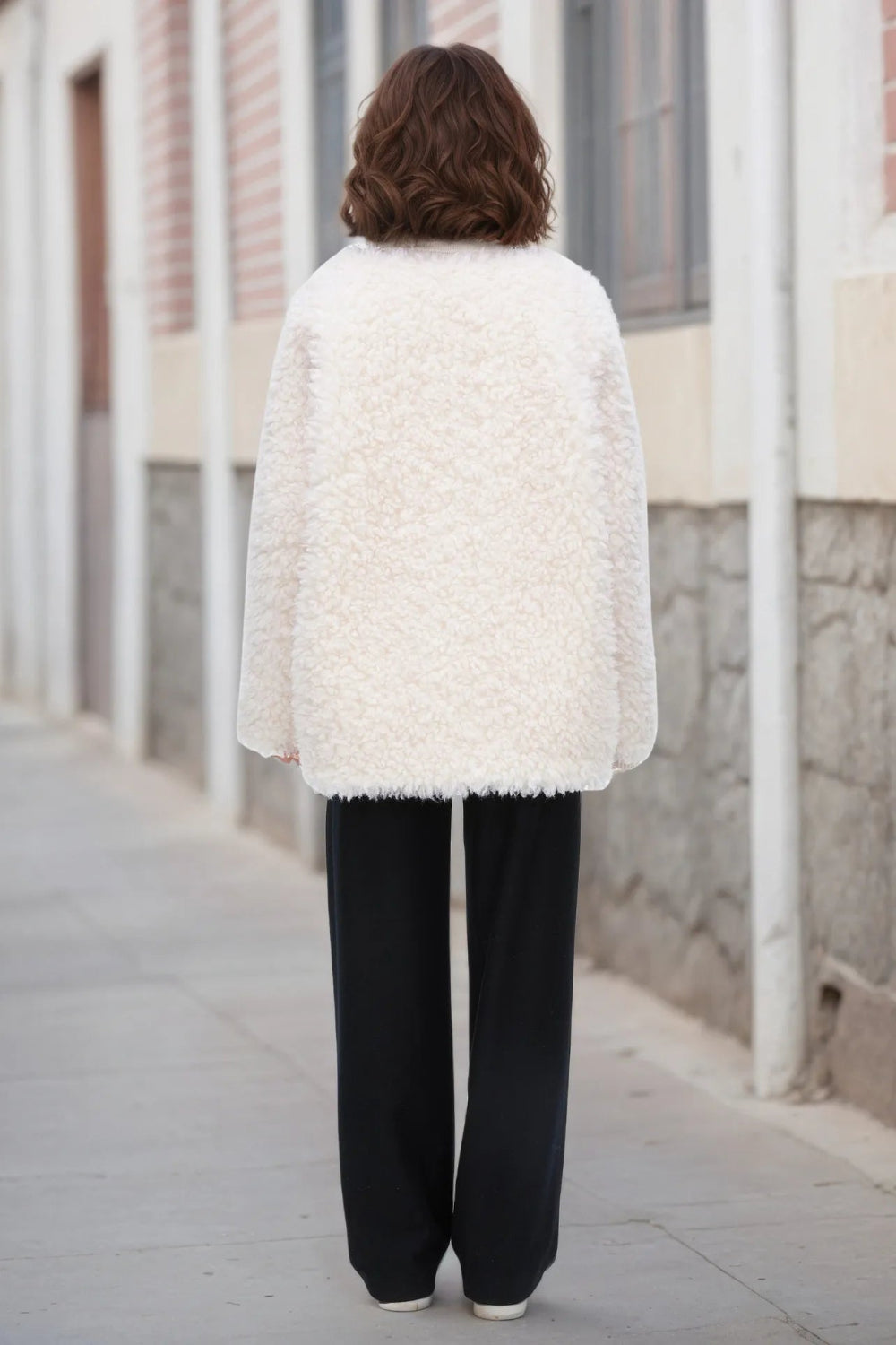 jacket, unlined, fleece, oversized, buttoned, pocketed, thick, no collar, no stretch, back view