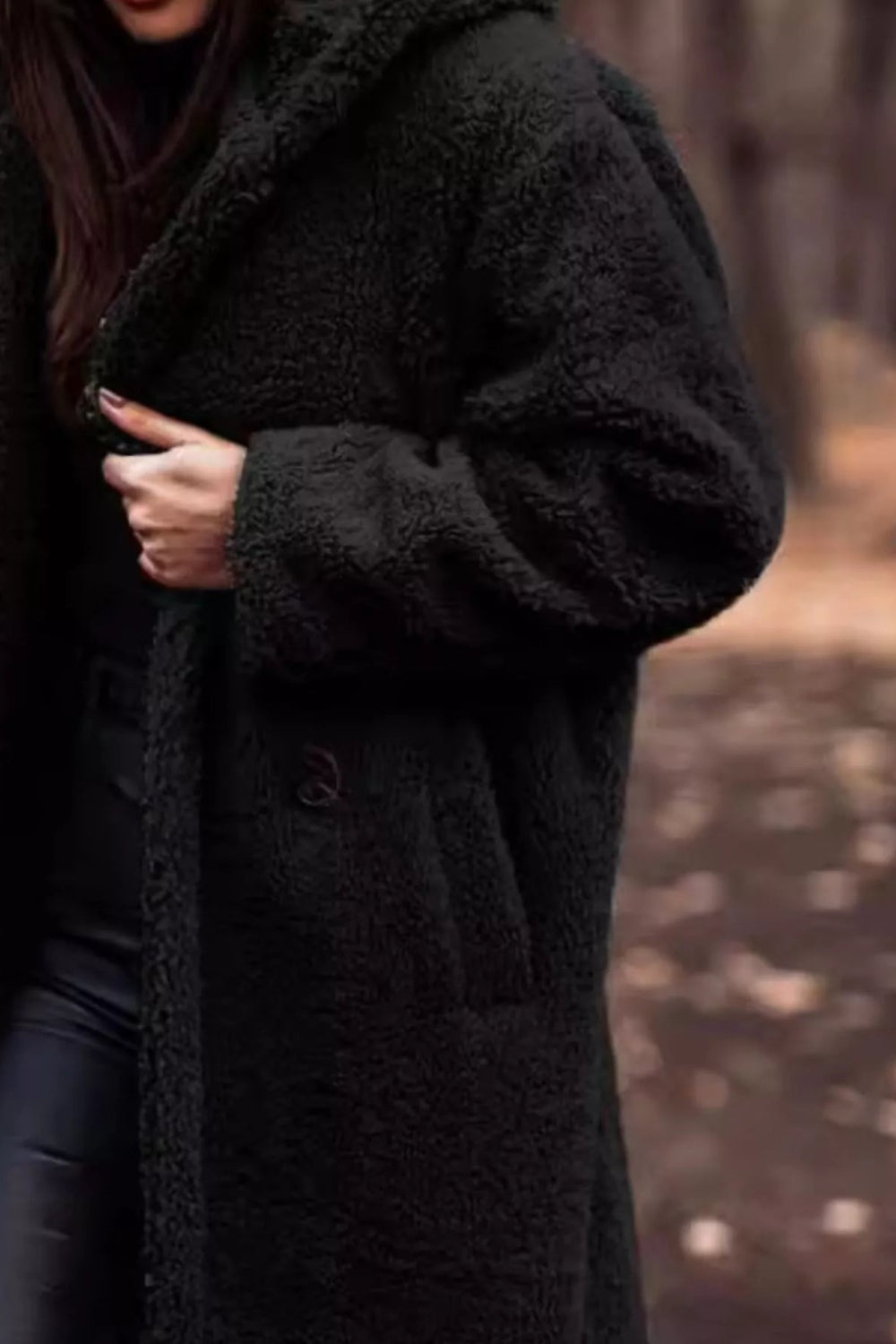 coat, longline, lined, hooded, buttoned, pocketed, thick, oversized, slightly stretchy, close up view