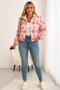 Jacket, unlined, collared, zippered, pocketed, puffy fleece flowers, oversized, sits at the waist, elastic waist and cuffs, no stretch, front view