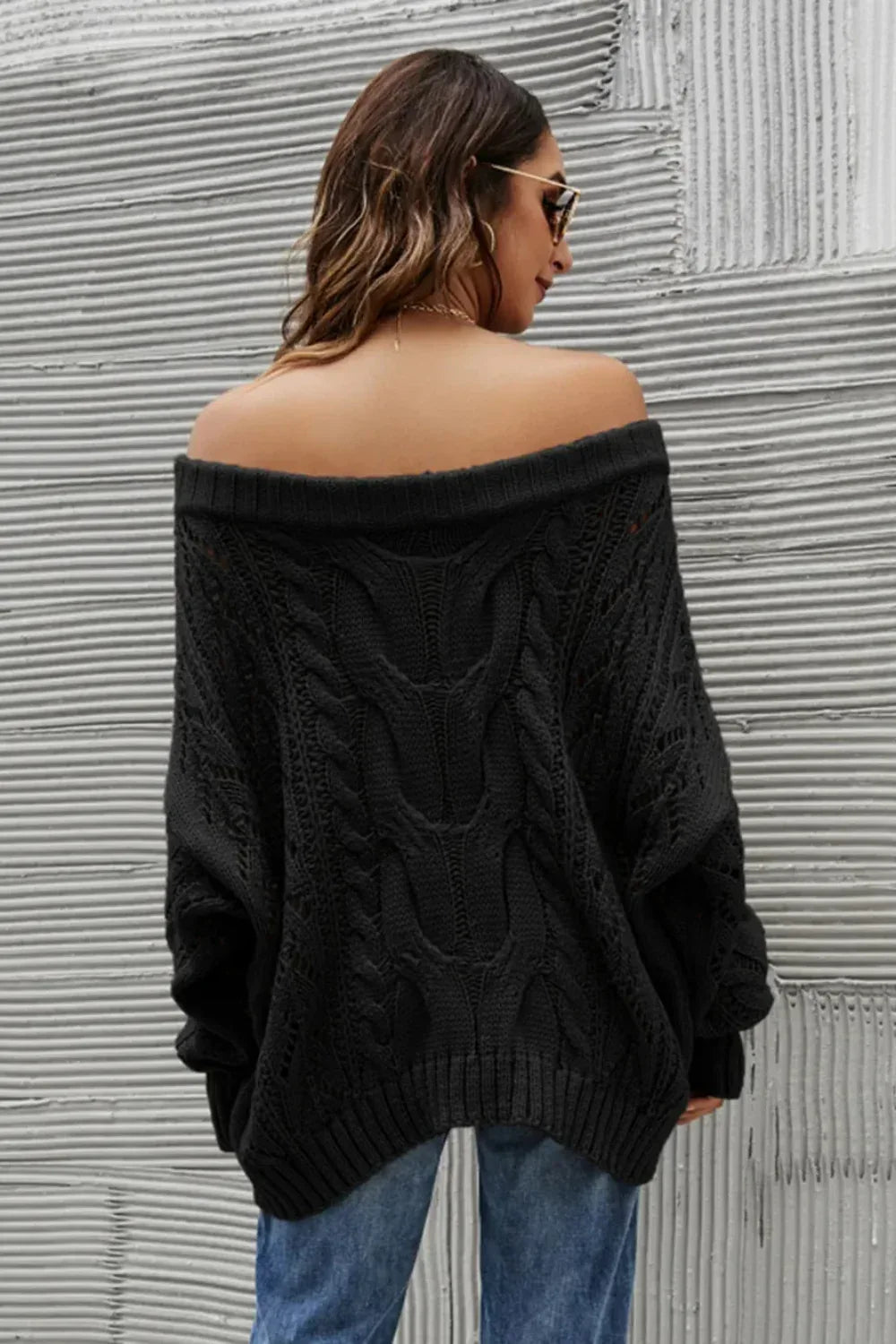 Sweater, pullover, long sleeve, off-shoulder, drop sleeve, cable knit, openwork, oversized, stretchy, back view
