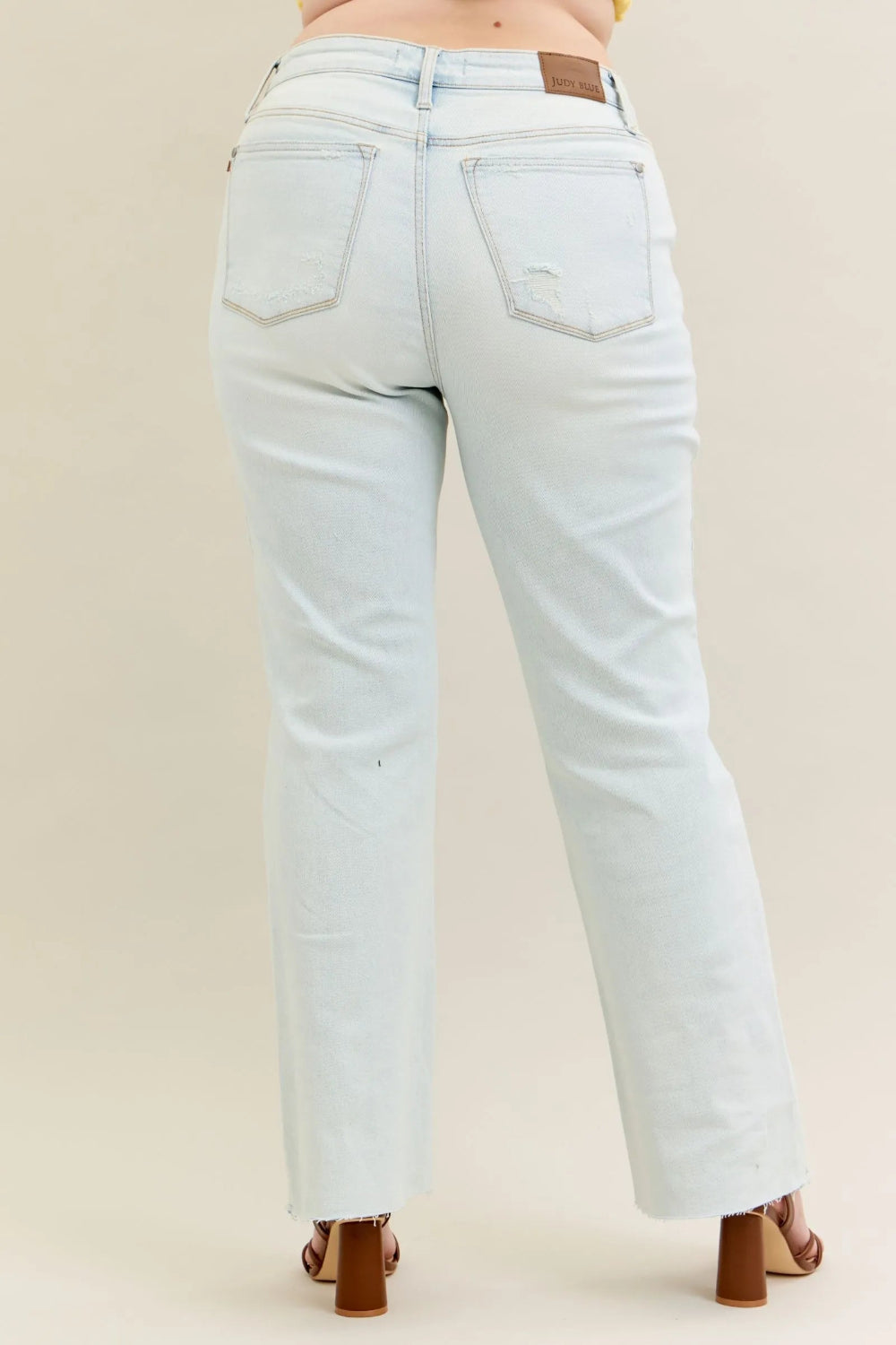 Judy Blue Jeans, Full Size, High-Rise, Destroyed, Raw Hem, Light wash, Button/Zipper Closure, Moderate Stretch, Bootcut Back View