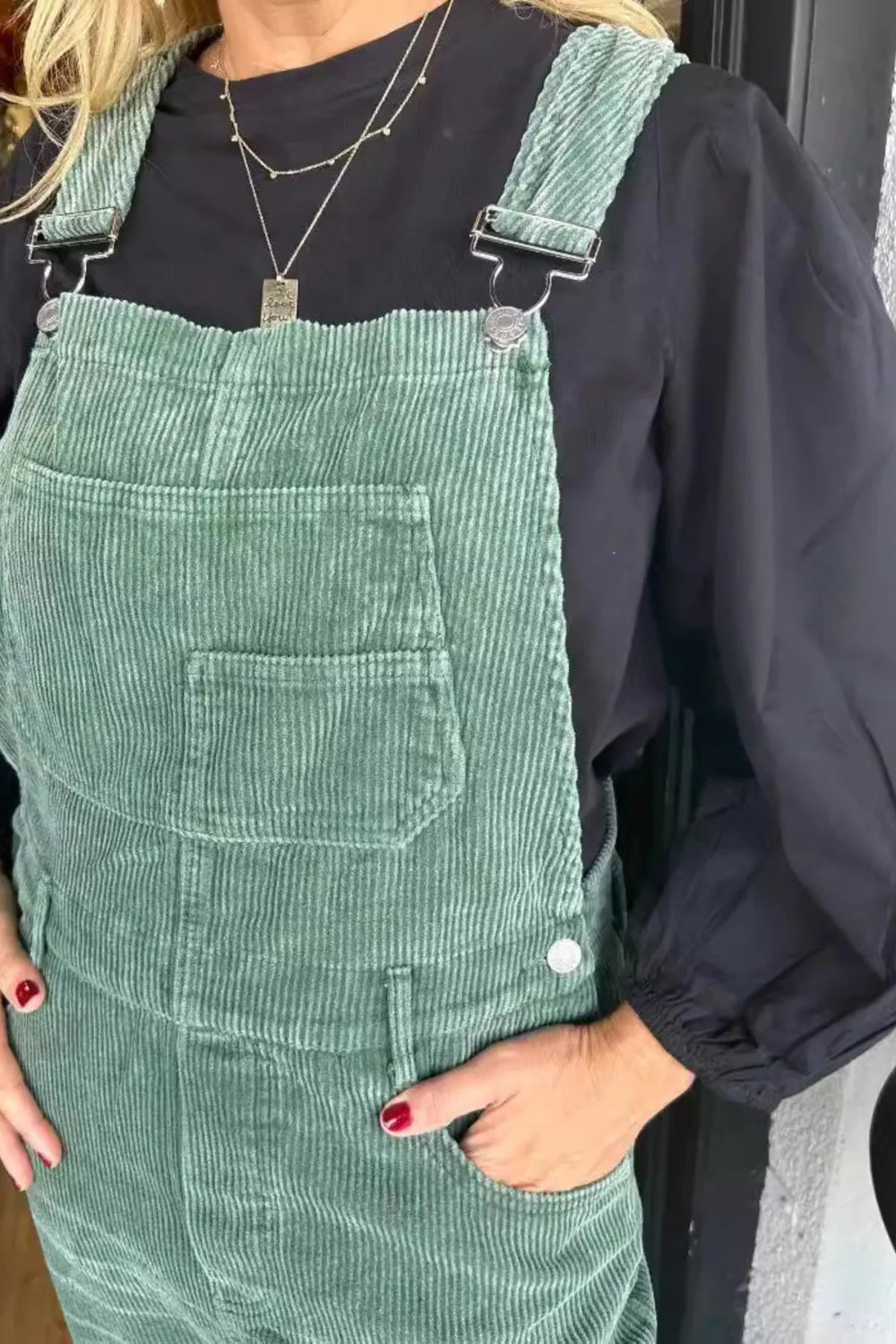 Overalls, corduroy, distressed, straight leg, pocketed, frayed hem, button clasp, no stretch, comes in several colors front view