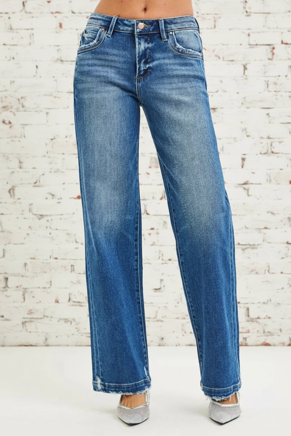 Risen Jeans, full-size, mid-rise, side seam detail, raw hem, slouchy, baggy, belt loops, pocketed, button/zipper closure, slightly stretchy, front view
