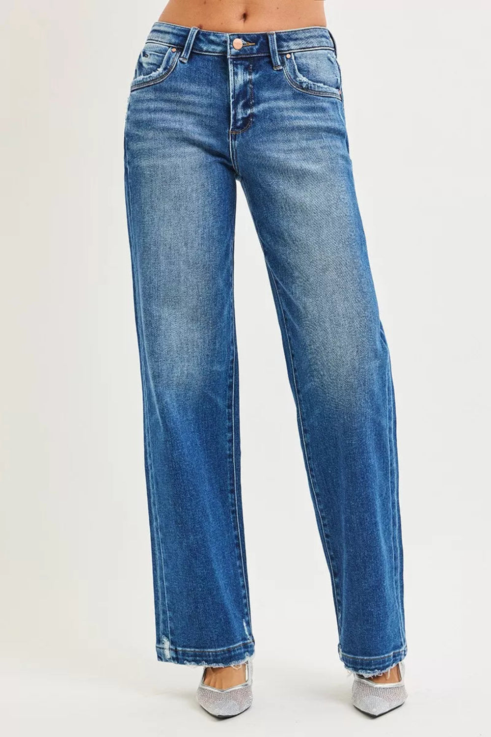 Risen Jeans, full-size, mid-rise, side seam detail, raw hem, slouchy, baggy, belt loops, pocketed, button/zipper closure, slightly stretchy, front view
