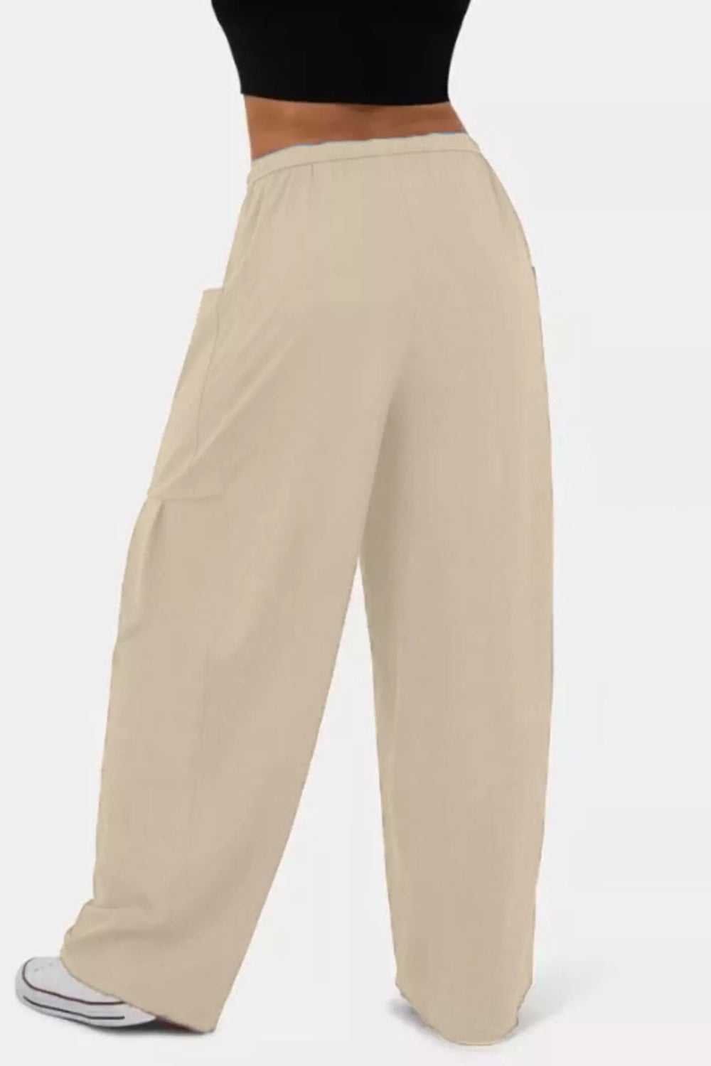 Pants, wide leg, drawstring waist, high-waist, pocketed, pleated at pockets, long, stretchy, back view
