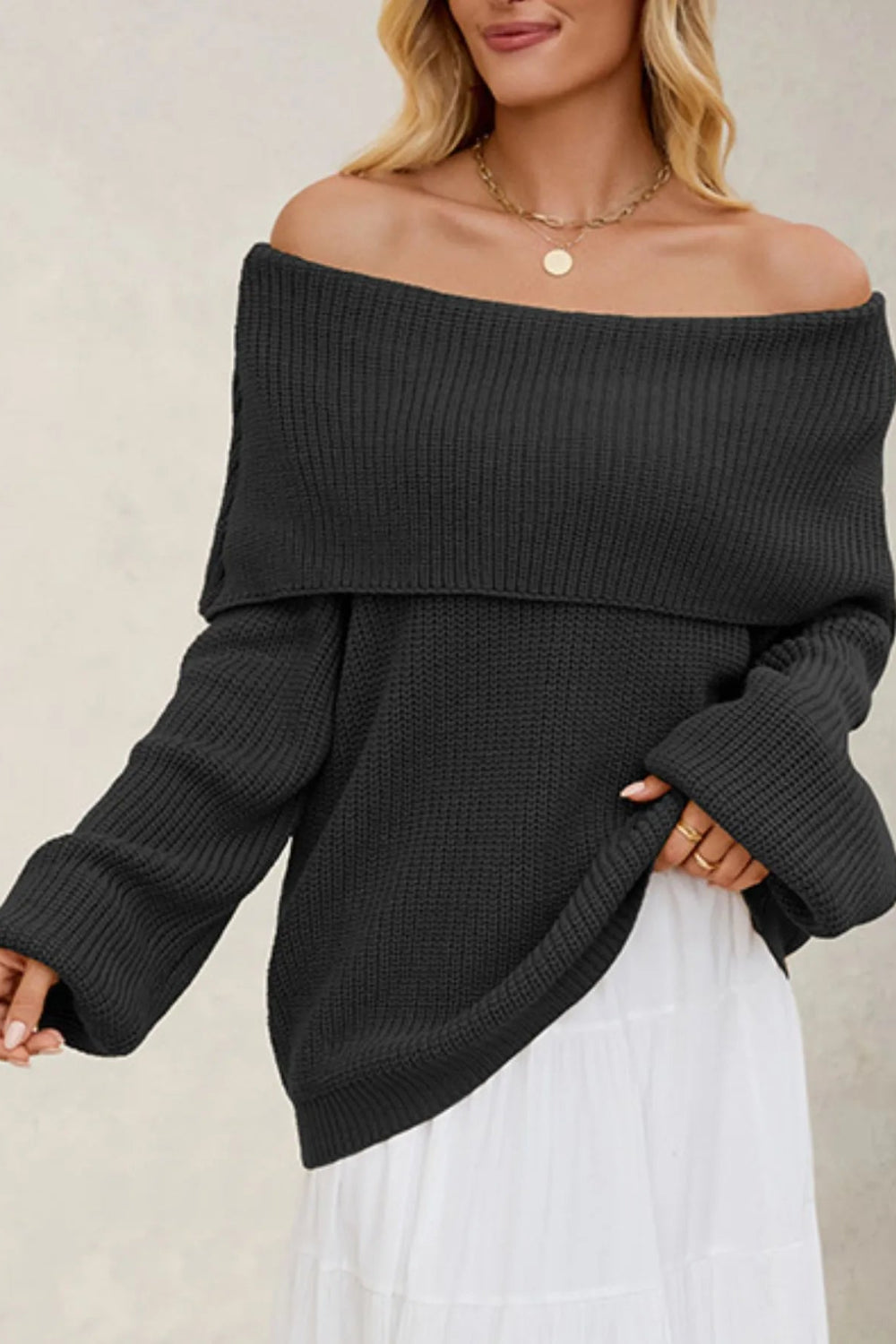 Sweater, pullover, fold over collar, long sleeve, oversized, ribbed knit, slightly stretchy, front view