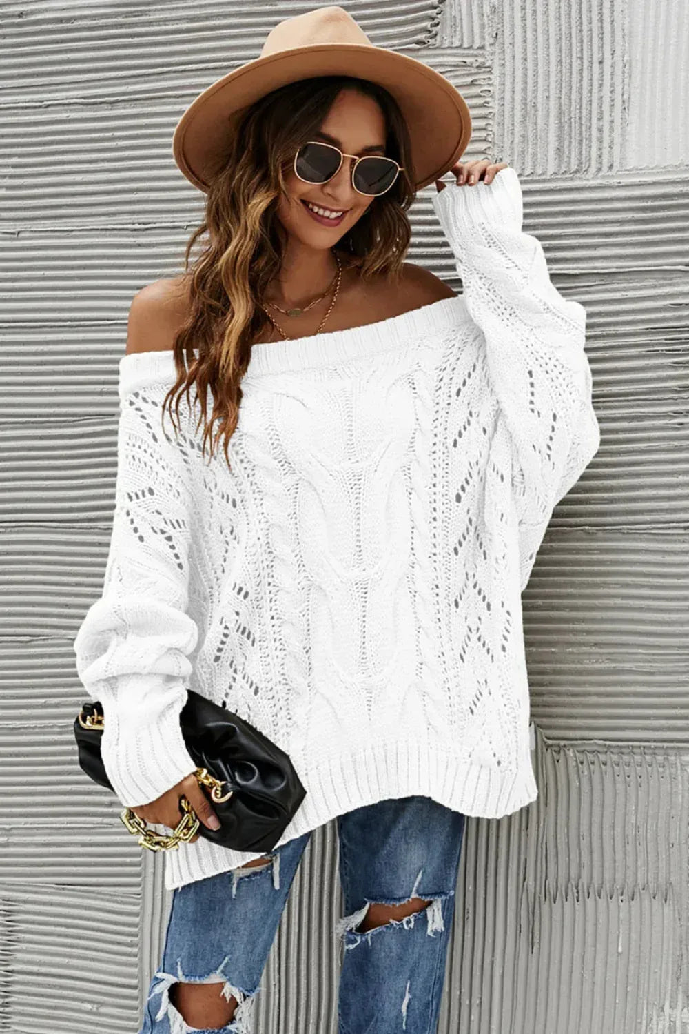 Sweater, pullover, long sleeve, off-shoulder, drop sleeve, cable knit, openwork, oversized, stretchy, front view
