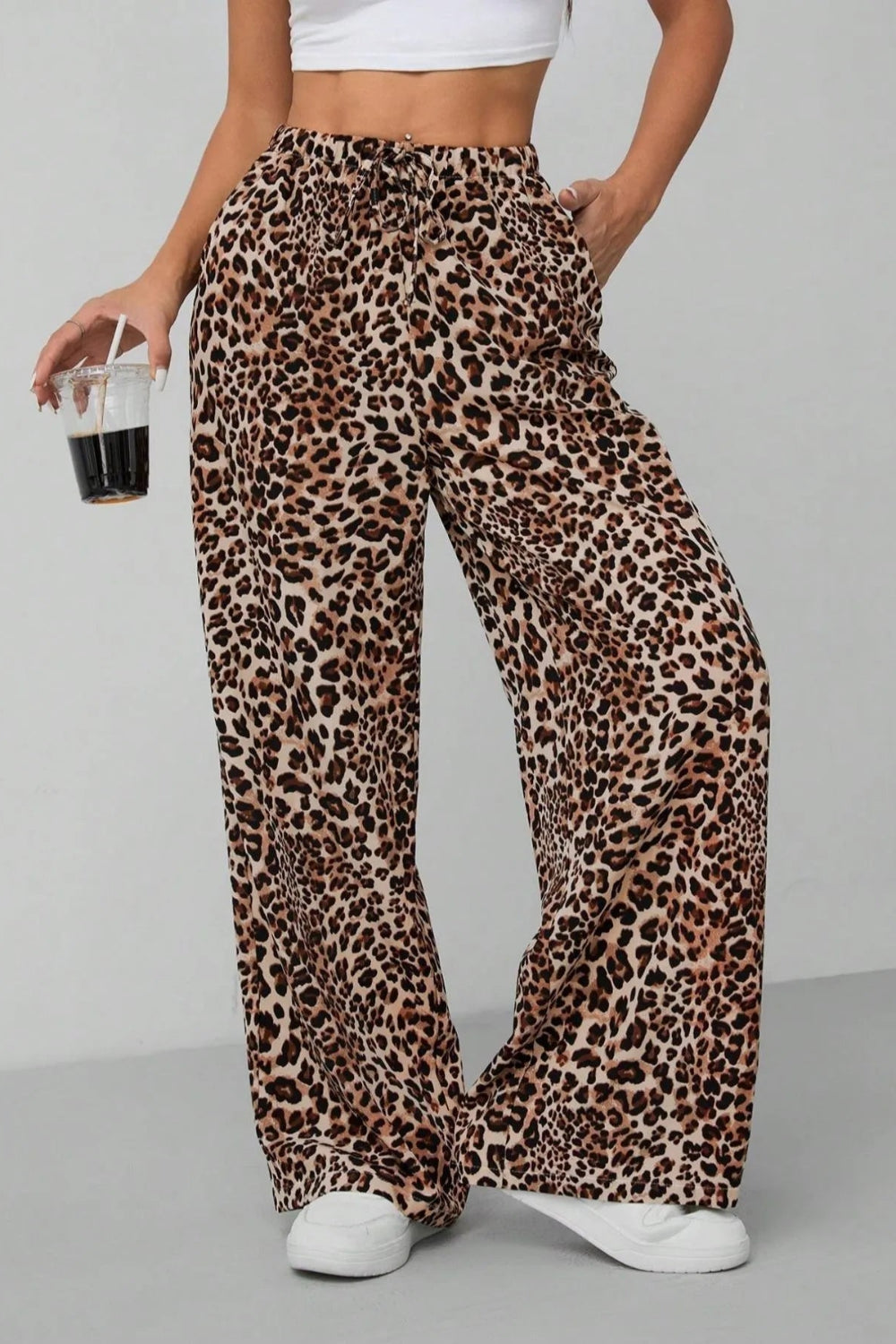 Pants, leopard print, high waist, elastic waistband, drawstring, pocketed, no stretch front view
