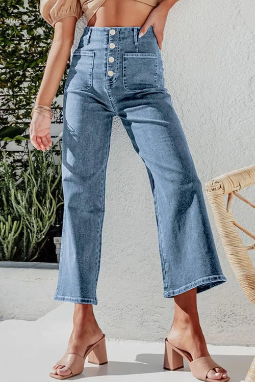 Jeans, high-waist, cropped, wide leg, front patch pockets, hidden back pockets, button fly closure, belt loops, slightly stretchy, front view