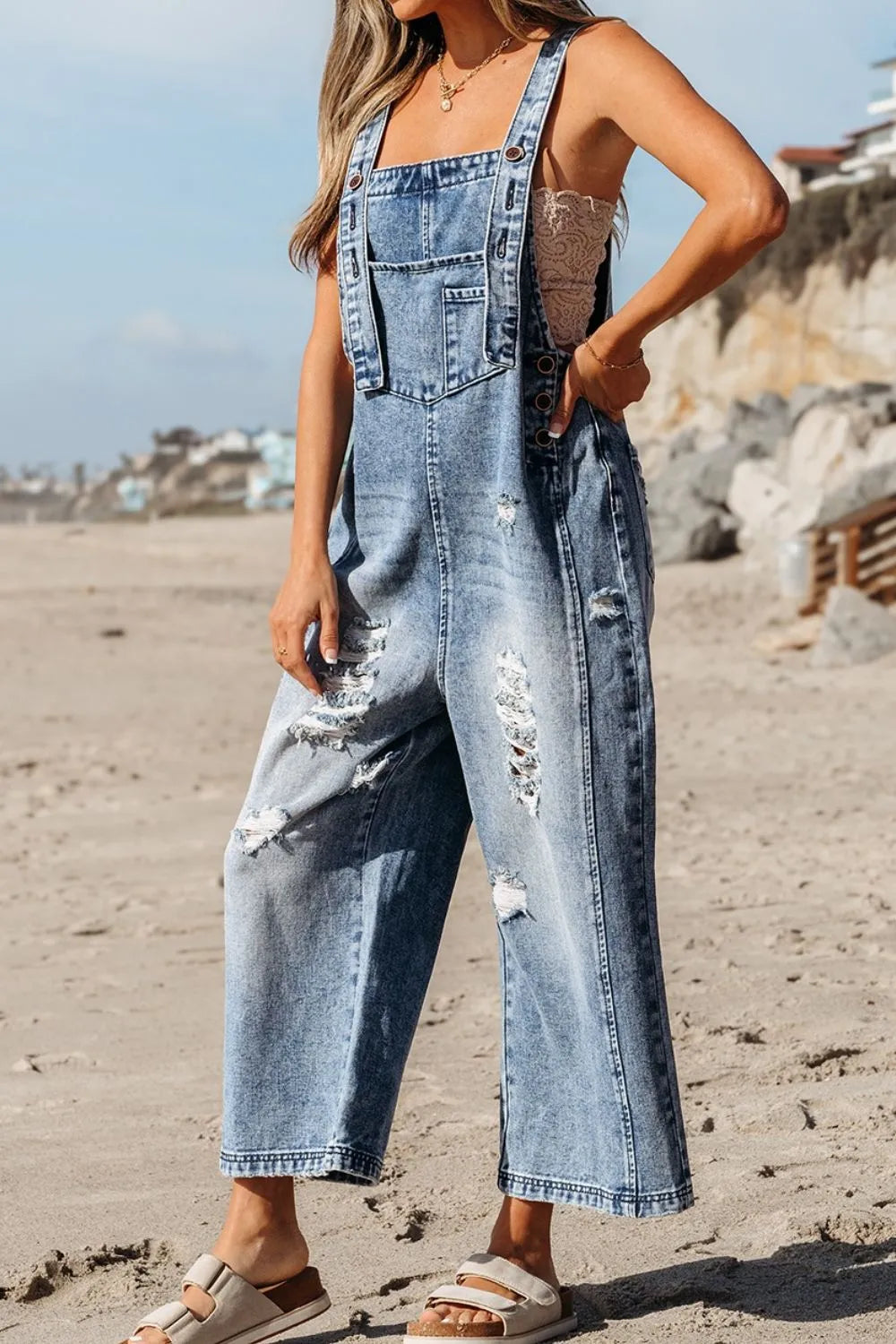 distressed, bib, pocket, wide-leg, denim overalls side view