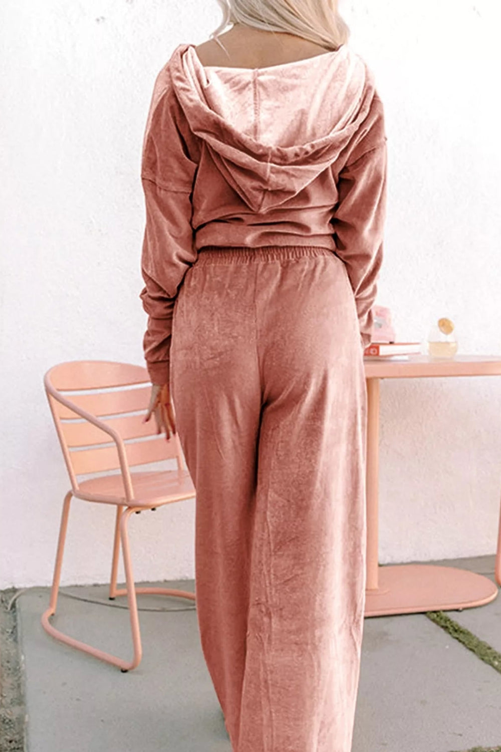 Loungewear set, two-piece, drawstring hoodie, front pockets, zippered, long sleeve, drop shoulder, drawstring bottoms, elastic waist, front pockets, exposed seams, wide leg, slightly stretchy, back view