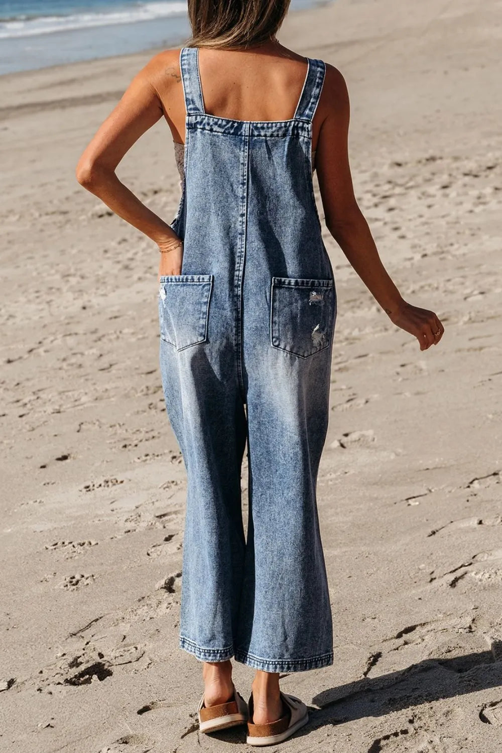 distressed, bib, pocket, wide-leg, denim overalls back view