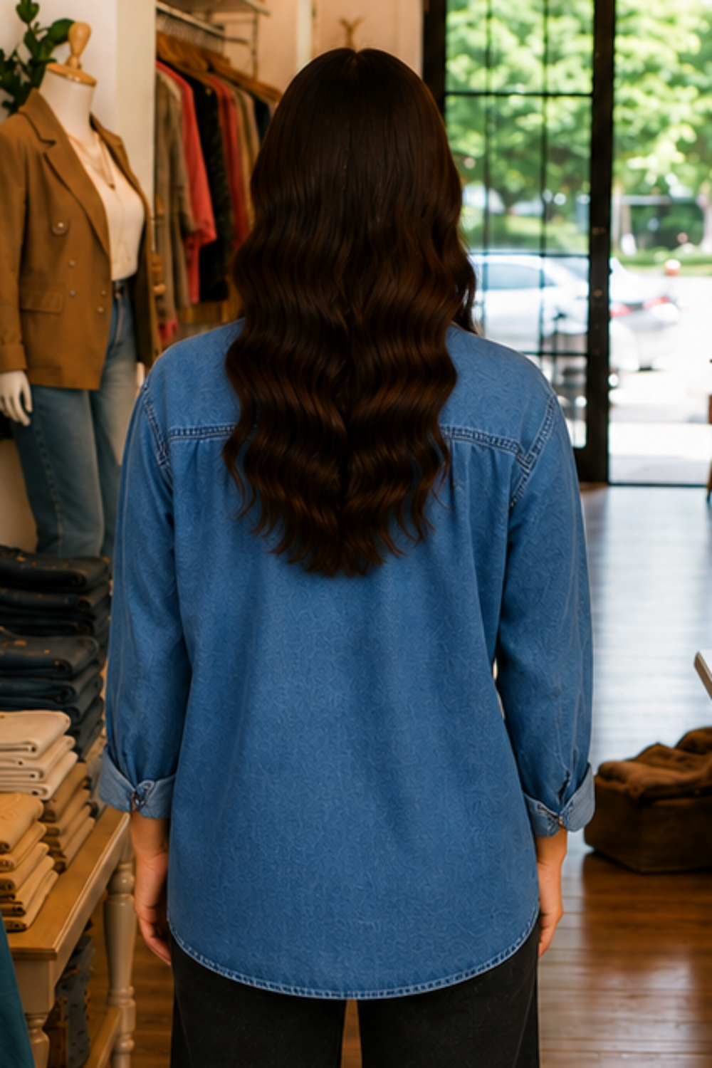 * Collared
* Long sleeve
* Buttoned
* Pocketed
* Washed
* No stretch