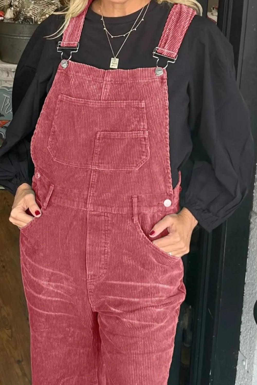 Overalls, corduroy, distressed, straight leg, pocketed, frayed hem, button clasp, no stretch, comes in several colors front view