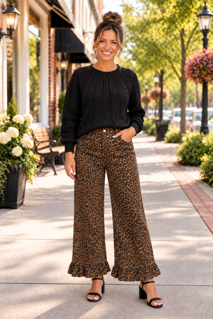 * Shift jean
* Leopard print
* High-waist
* Button/zipper closure
* Belt loops 
* Pocketed
* Ankle length
* Ruffled hem
* Slightly stretchy