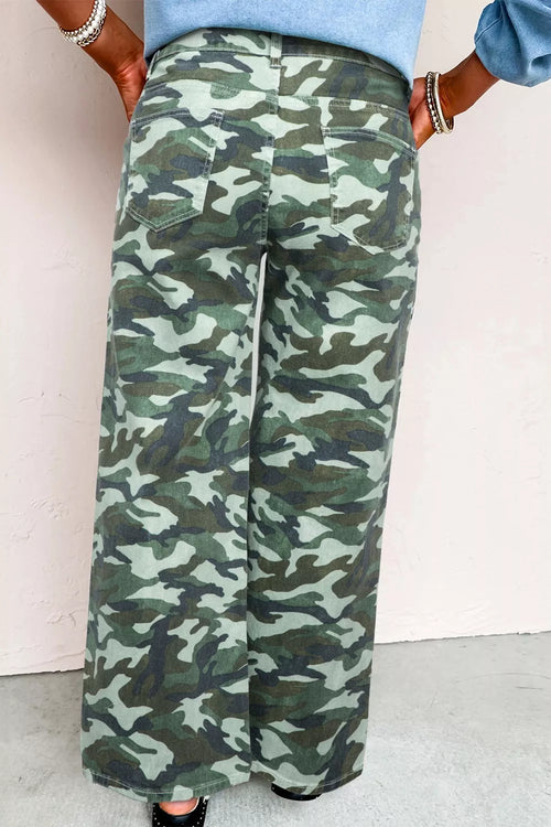 Jeans, high-waist, camo print, drawstring, button/zipper closure, belt loops, pocketed, wide leg, relaxed fit, stretchy, back view
