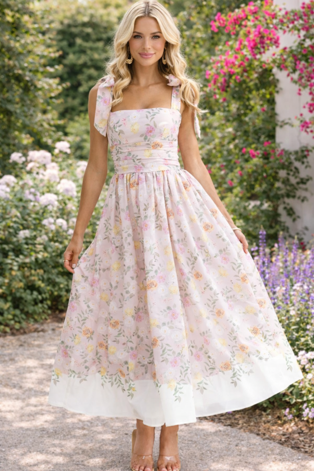 * Midi dress
* Square neck
* Tied straps
* Ruched
* Pleated
* Unlined
* Back zipper
* No stretch