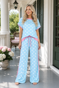 * Two-piece set
* Round neck
* Drop shoulder
* Short sleeve
* Contrast trim
* Drawstring waist
* Pocketed
* Slight stretch