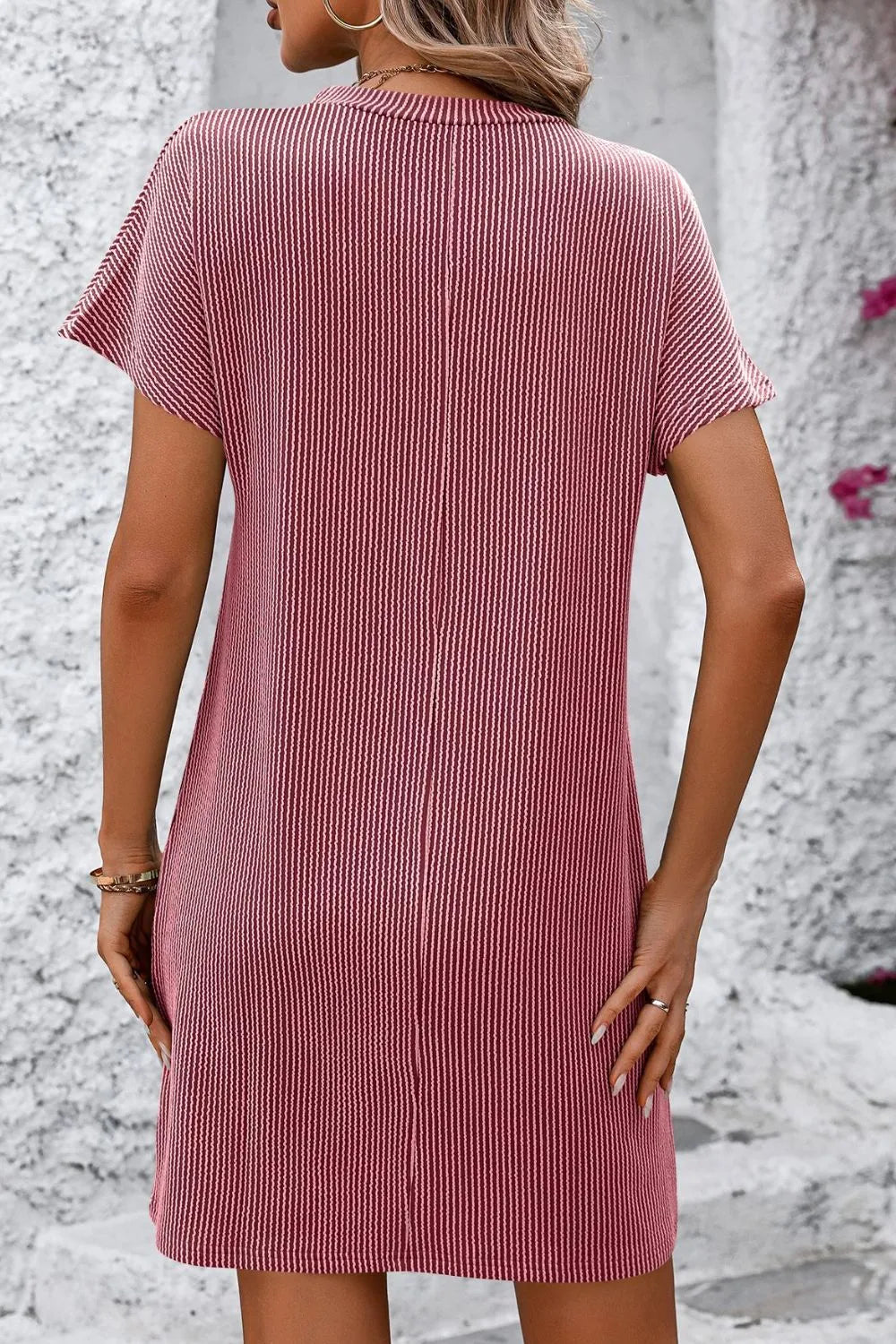 T-shirt dress, mini, round neck, short sleeve, ribbed, front pocket, opaque, unlined, moderate stretch back view