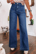Jeans, high-waist, wide leg, front patch pockets, v-shaped back pockets, wide cuffs, vintage medium wash, button/zipper closure, belt loops, slightly stretchy, front view