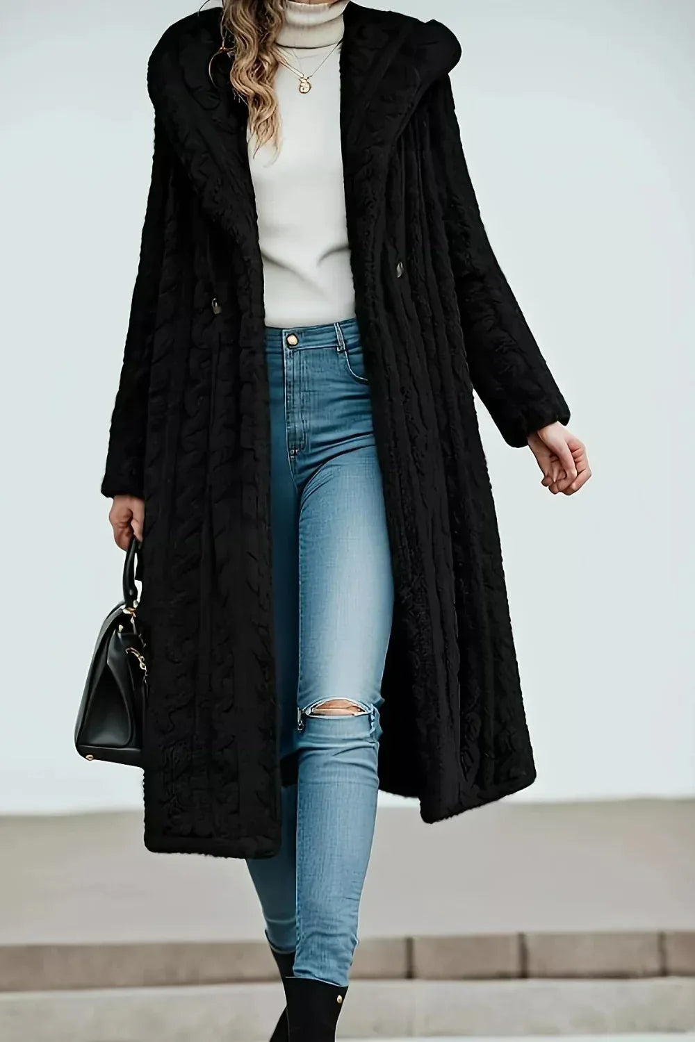 Longline coat, hooded, buttoned, pocketed, thick, lined, oversized, cable-knit design, some stretch, front view