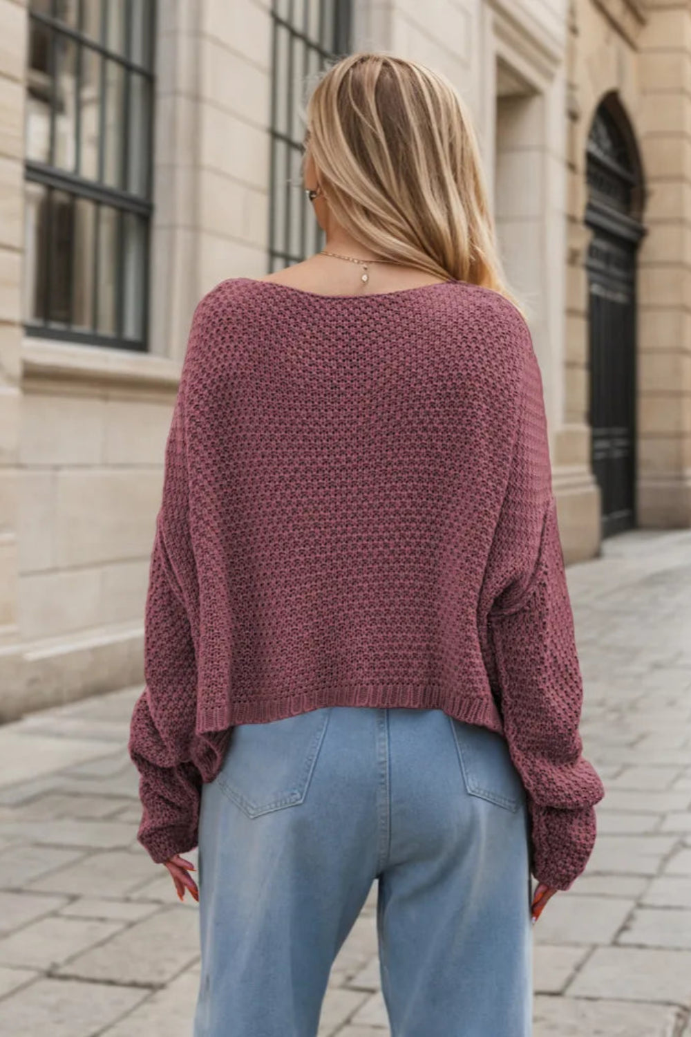 Sweater, pullover, long sleeve, drop shoulder, exposed seam, cable-knit, wide neck, stretchy back view