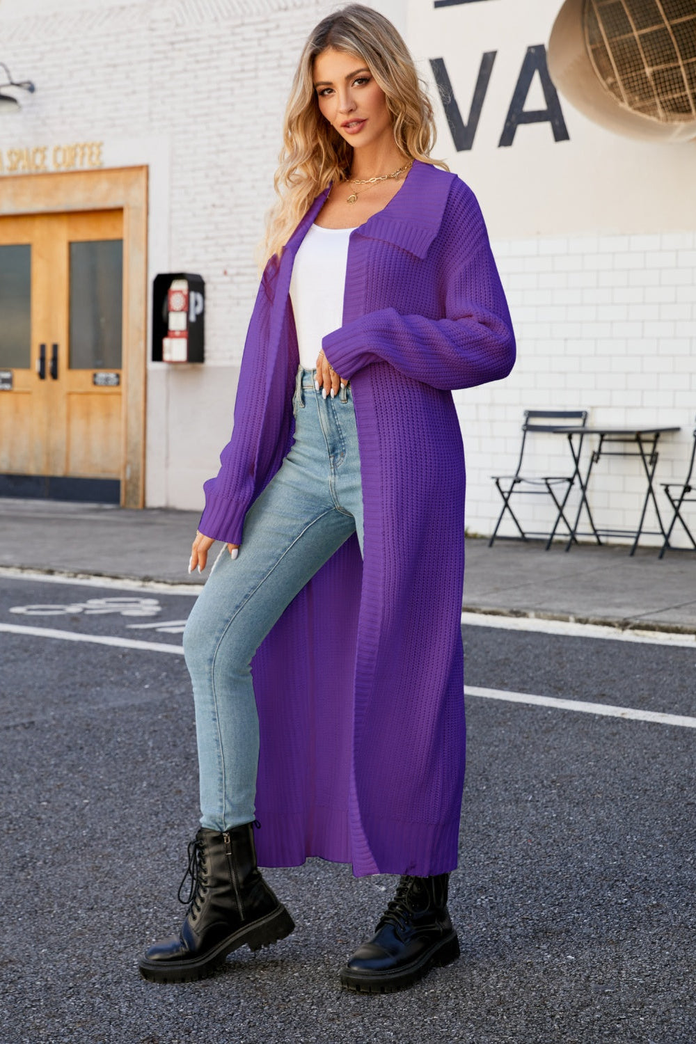 cardigan, open front, duster, collared, ribbed, long sleeve, drop shoulder, slightly stretchy, front view