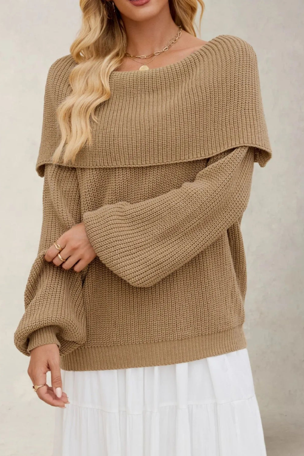 Sweater, pullover, fold over collar, long sleeve, oversized, ribbed knit, slightly stretchy, front view