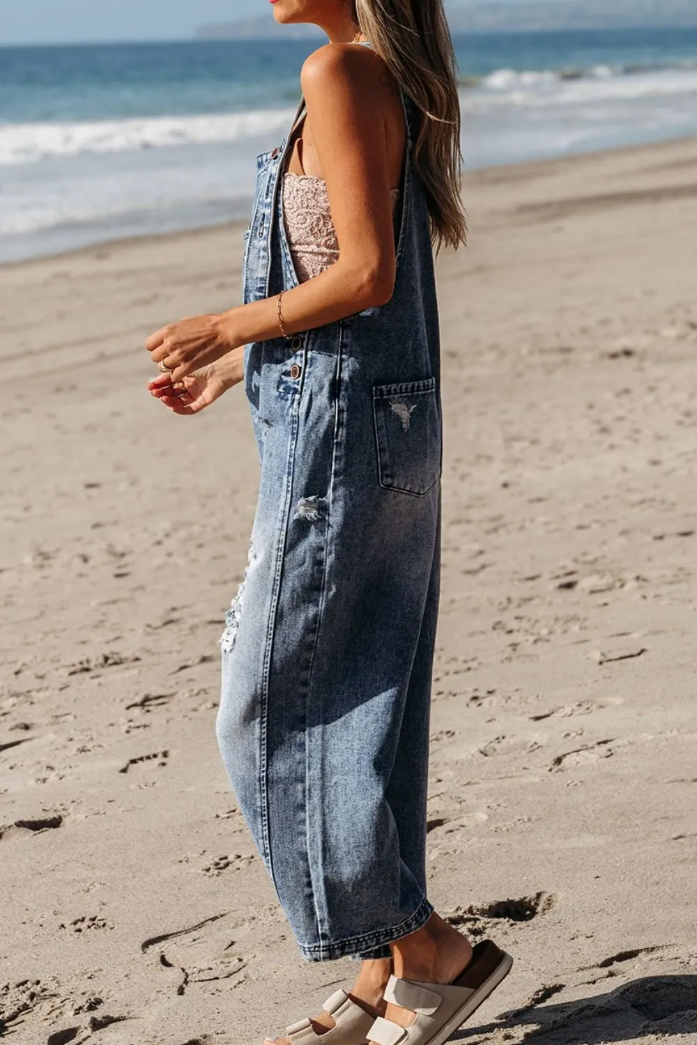 distressed, bib, pocket, wide-leg, denim overalls front view