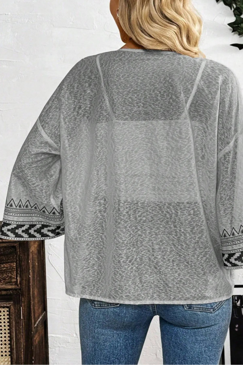 Cardigan, open front, wide sleeve, drop shoulder, sheer, geometric print, sits below the waist, no stretch back view