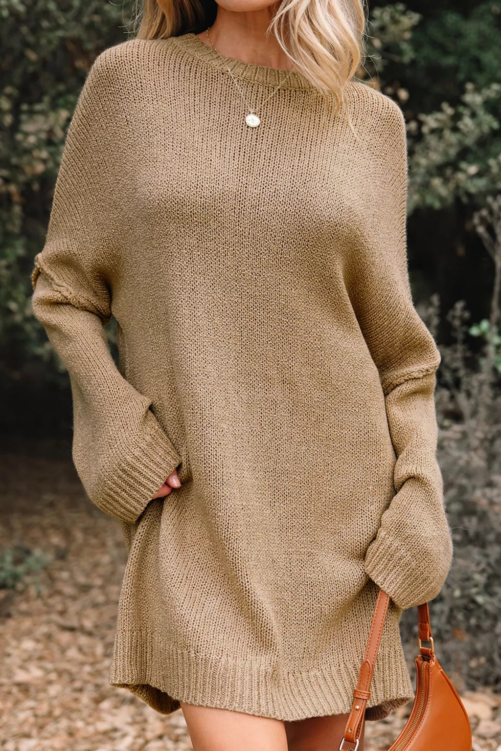 Sweater dress, mini, oversized, long sleeve, drop shoulder, slouchy, round neck, ribbed, exposed seam, slightly stretchy, front view