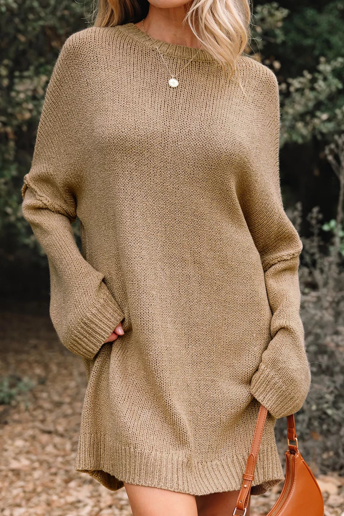 Sweater dress, mini, oversized, long sleeve, drop shoulder, slouchy, round neck, ribbed, exposed seam, slightly stretchy, front view