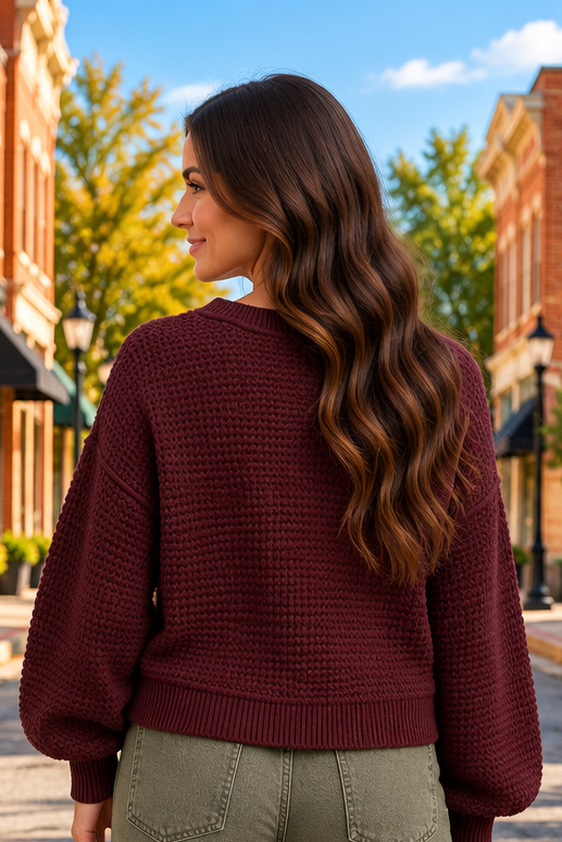 Contrast Effect Sweater in burgundy, back view showing textured knit, dropped shoulders, balloon sleeves, and wide ribbed hem.