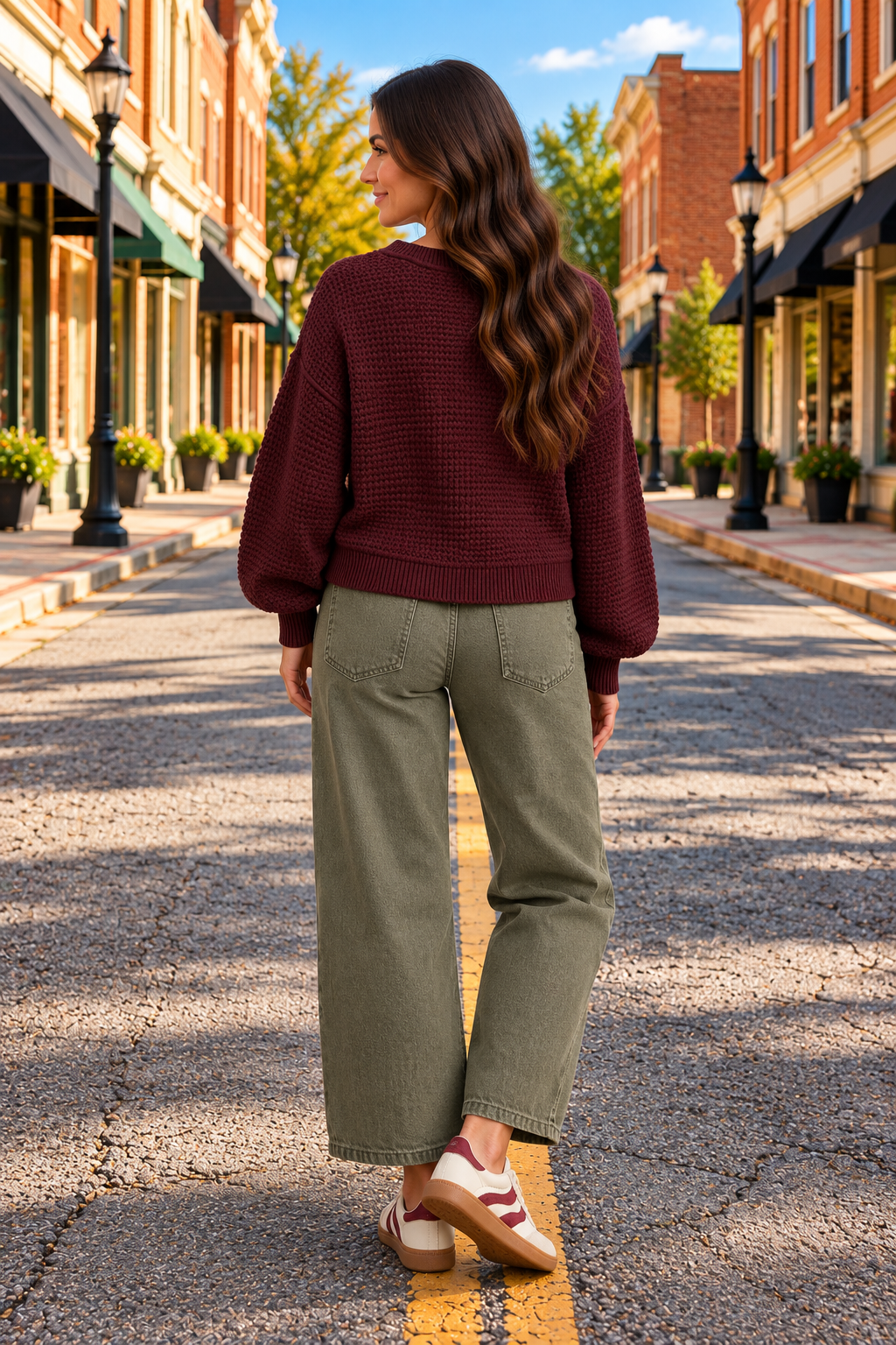 Olive green vintage-wash barrel jeans, back view showing elastic waistband, belt loops, patch pockets, and ankle-length hems.
