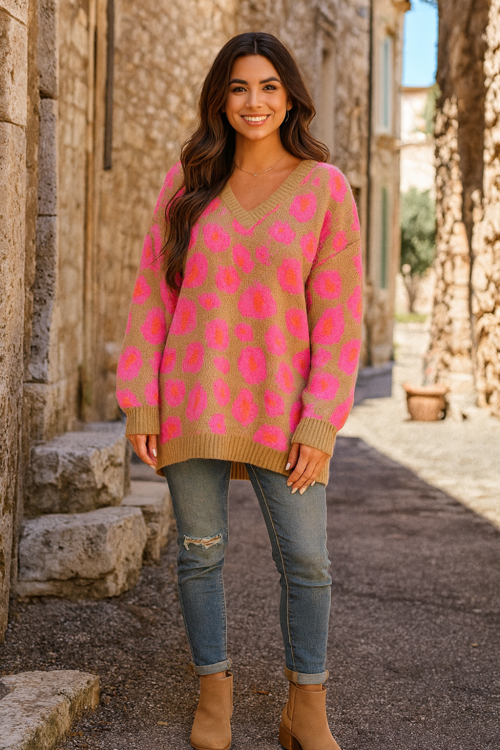 Sweater, pullover, v-neck, long sleeve, drop shoulder, leopard print, contrast trim, stretchy, front view
