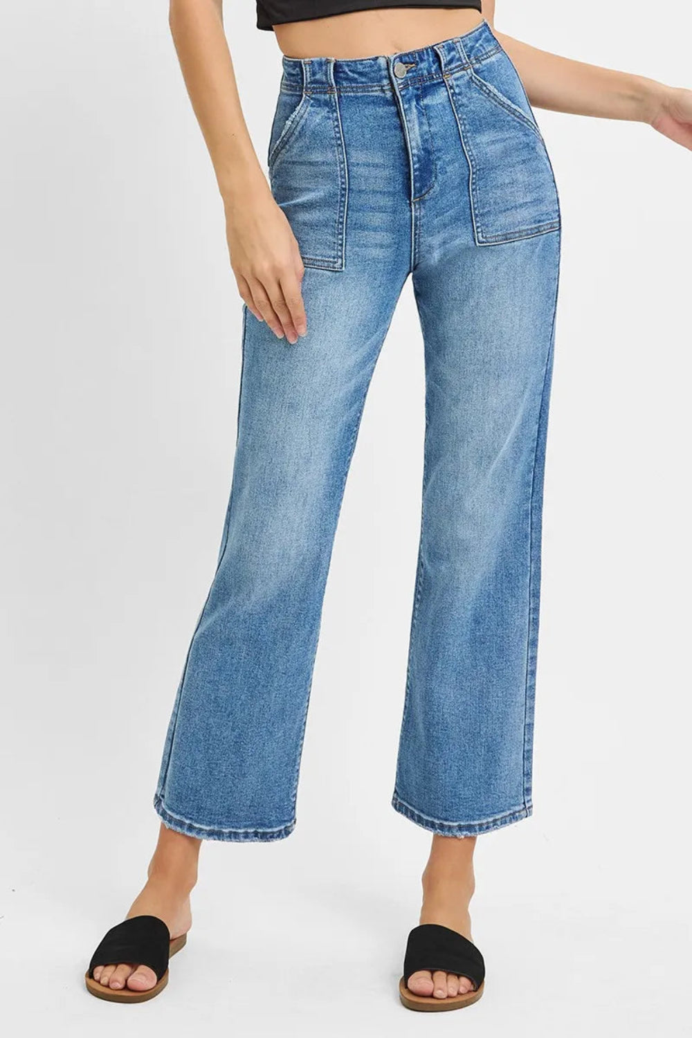 Risen Jeans, full-size, high-rise, cropped, bootcut, 5-pocket styling, vintage blue wash, front pocket detailing, stretchy, front view