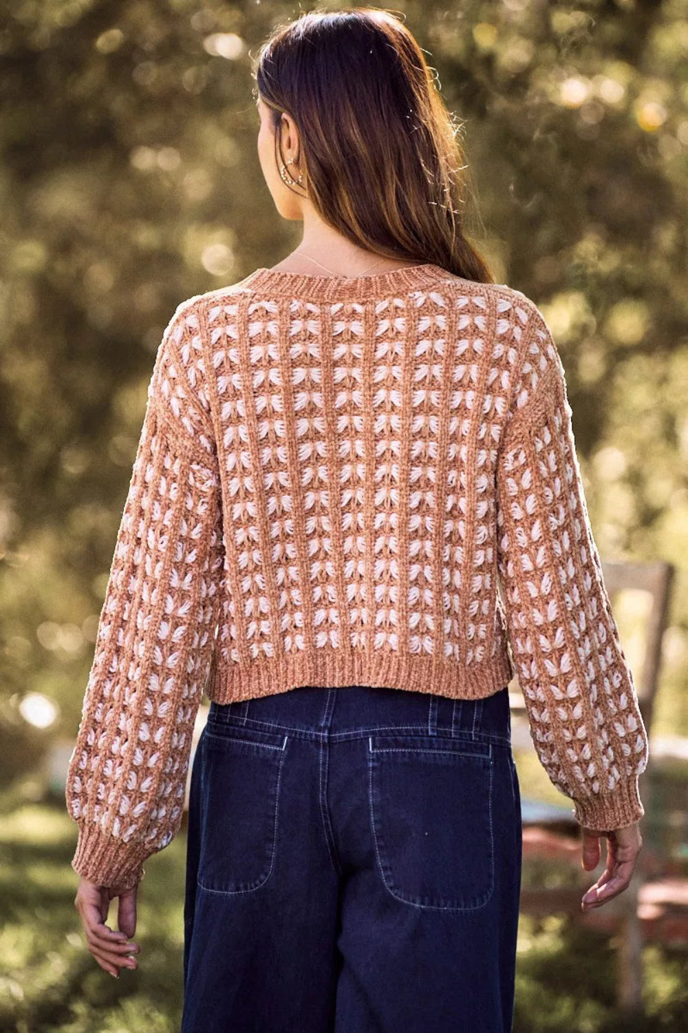 cardigan, long sleeve, v-neck, buttoned, cable knit, soft chenille yarn, sits at the waist, slightly stretchy, back view